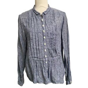 CP Shades Claudine Blouse S Blue 100% Linen Pintuck Button Front Made in USA